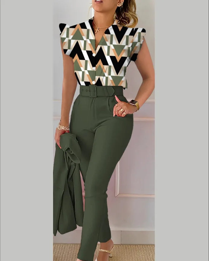 Womens Elegant Slim Two-Piece Sets Summer Fashion Print V Neck Button Flying Sleeve Shirt Top & Solid Long Pants Suits With Belt