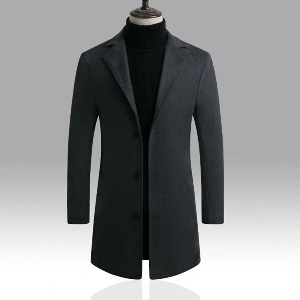 Breathable Woolen Coat Men's Woolen Coat with Formal Suit Collar Solid Color Mid-length Jacket for Office Business Outwear Lapel