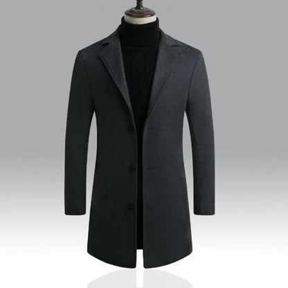Breathable Woolen Coat Men's Woolen Coat with Formal Suit Collar Solid Color Mid-length Jacket for Office Business Outwear Lapel
