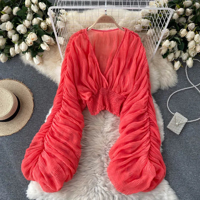 Women Sexy Chiffon Short Blouse Female See Through Super Long Sleeve Purple/Green/Black/White Folds Party Tops 2026 New