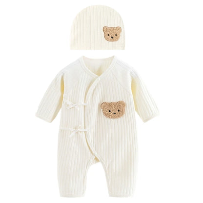 Breathable Newborn Bear Jumpsuit Hospital Hat Spring Outfit Long Sleeves Bodysuits for Baby Girls Boys Unisex Coveralls A2UB