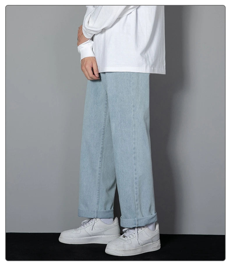 2026 New Korean Men's Casual Long Jeans Classic Man Straight Denim Wide-leg Pants Solid Color Light Blue Grey Black 3XL