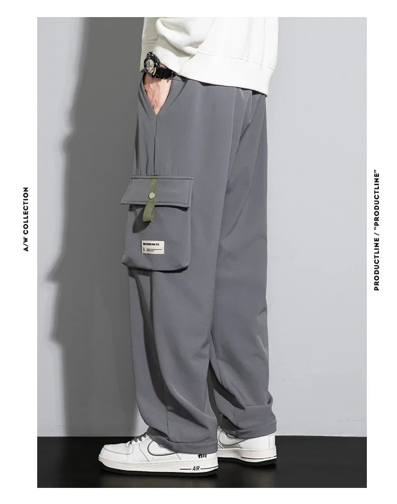 2025 Cargo Pants Men Straight Fit Wide Leg Fleece Lined Trouser Male Winter Fashion Loose Baggy Large Plus Size Warm Streetwear