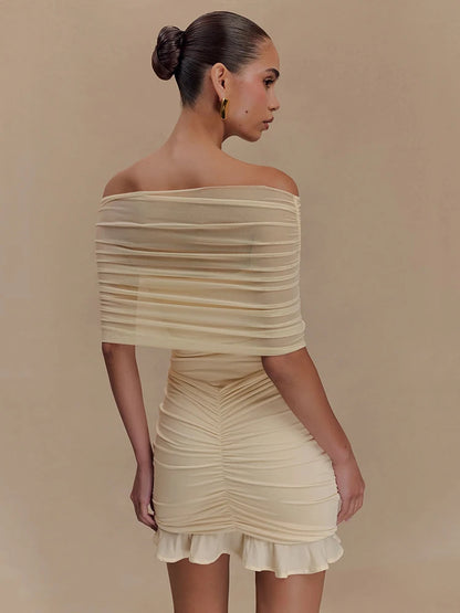 Mozision Mesh Strapless Off-shoulder Sexy Ruffled Mini Dress For Women Fashion Backless High Waist Female Ruched Party Dress