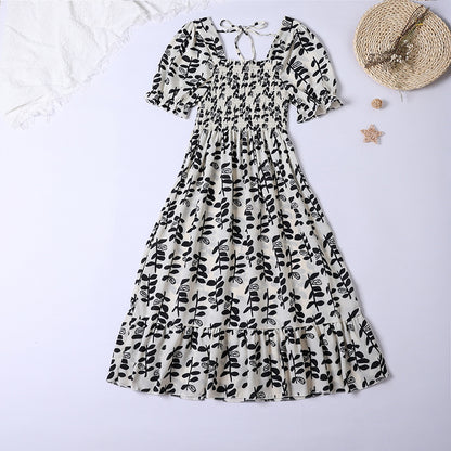 Summer Pleated Women Chiffon Dresses Casual Beach Holiday Short Sleeve Square Collar Woman Midi Dress Bohemian