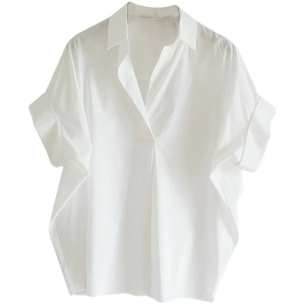 Women Blouses Spring Summer Breathable Simple Short Batwing Sleeve Turn Town Quick Dry Collar Shirts Solid Color Female Clothing