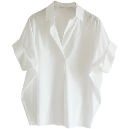 Women Blouses Spring Summer Breathable Simple Short Batwing Sleeve Turn Town Quick Dry Collar Shirts Solid Color Female Clothing