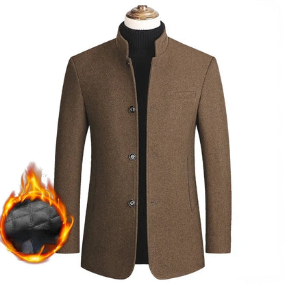 Men's Woolen Coat 2026 Autumn/Winter New Cotton Thickened Single Breasted Standing Collar Wool Blend Male Jacket