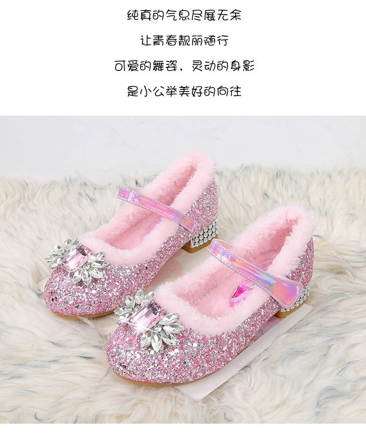 Disney Princess Crystal Girls Shoes Frozen Elsa Sophia Rhinestones Shoes Performance Party High Heels Pink Blue Shoes Size 23-36