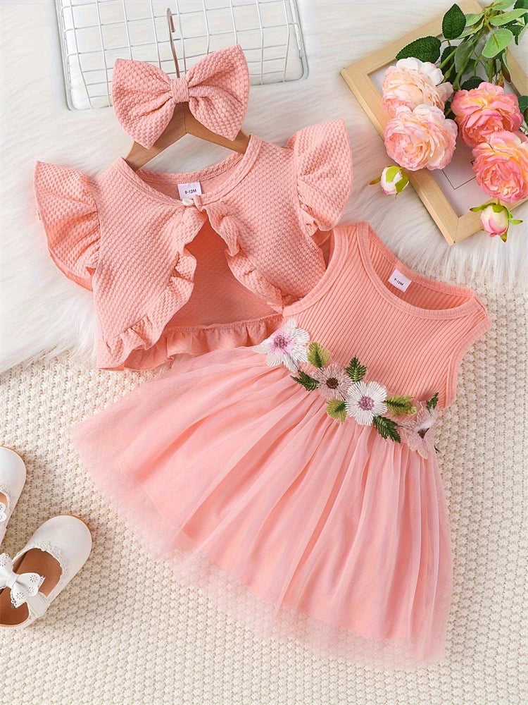 Newborn 2026 Baby Girls Dress Summer Waist Flower Vest Sleeveless Short Top Sweet Girl Lace Mesh Dress