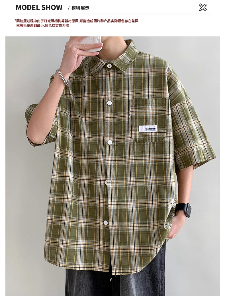 Korean Y2k Streetwear Plaid Shirt Men Shirts 2025 New Summer Fashion Chemise Homme Men's Checkered Shirts Short Sleeve Men Blouse