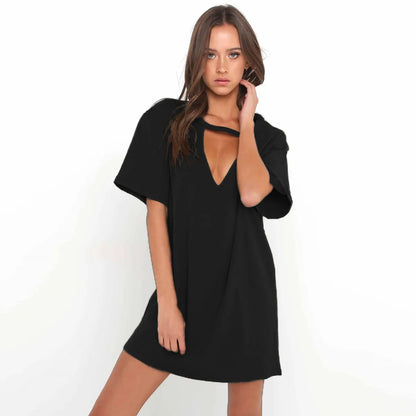 Deep V Neck Sexy Summer Dress Women Solid Color Hanging neck hollow White Mini Dress Pleated Party Dress