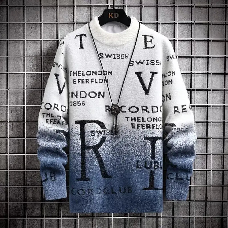 2025 Autumn Winter Men's Sweater Korean Fashion Men Clothing English Elements Sweater Men Casual Pullover O-Neck Sweaters Men