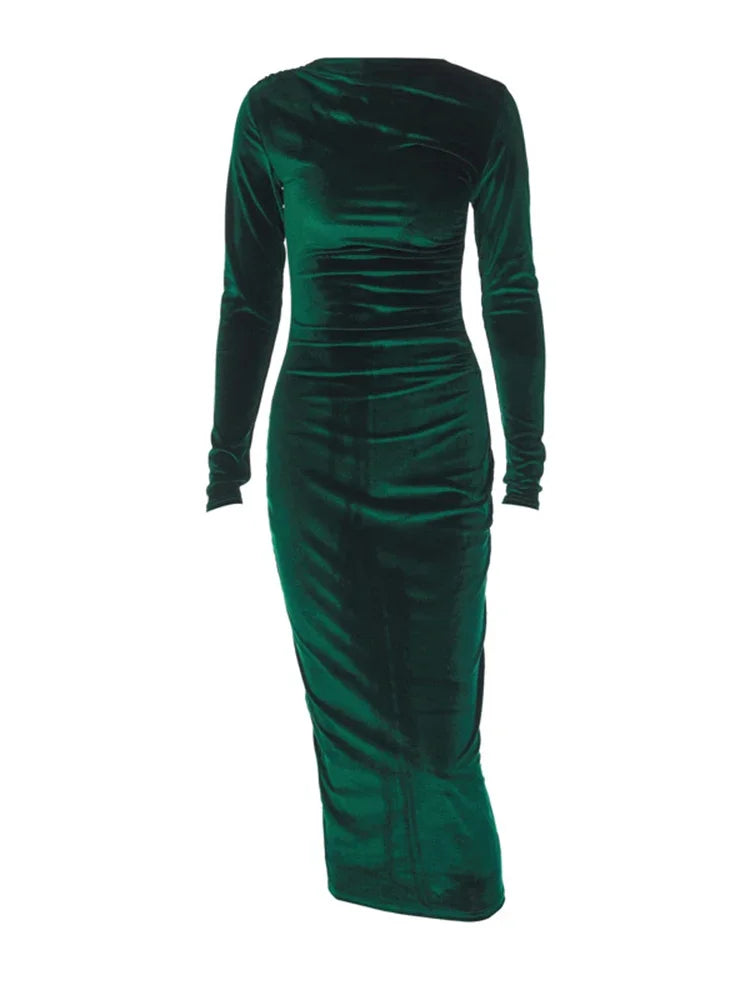 BWQ 2026 Spring Summer Velvet Long Sleeve Midi Dress For Women Ruched Long Dress Elegant Party Clothes Evening Green Outfits