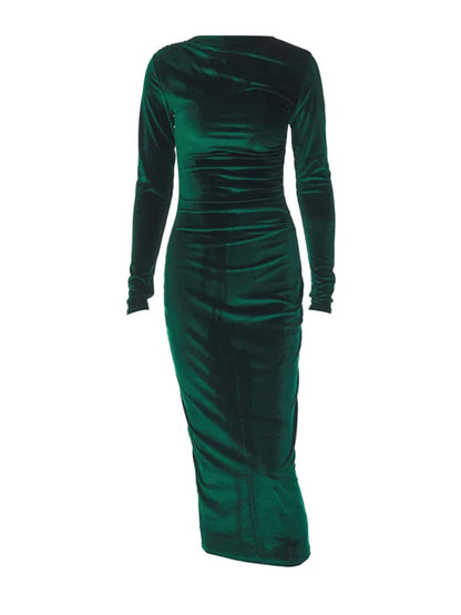 BWQ 2026 Spring Summer Velvet Long Sleeve Midi Dress For Women Ruched Long Dress Elegant Party Clothes Evening Green Outfits