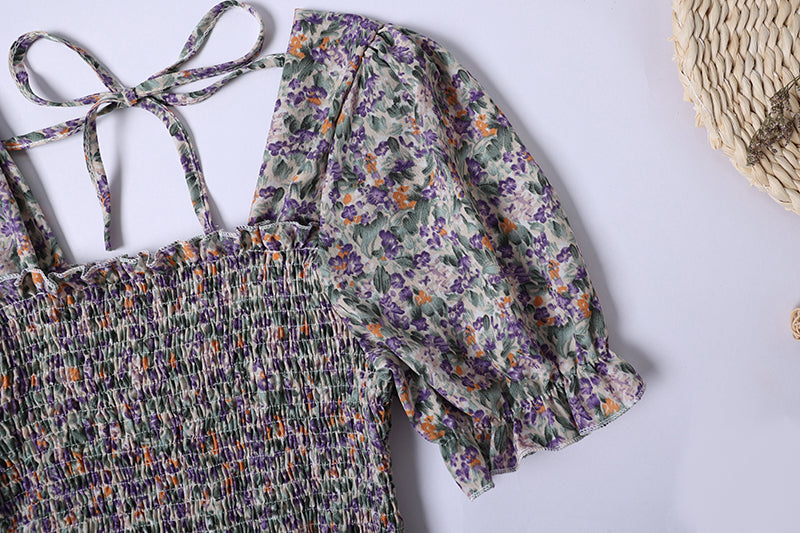 Summer Pleated Women Chiffon Dresses Casual Beach Holiday Short Sleeve Square Collar Woman Midi Dress Bohemian