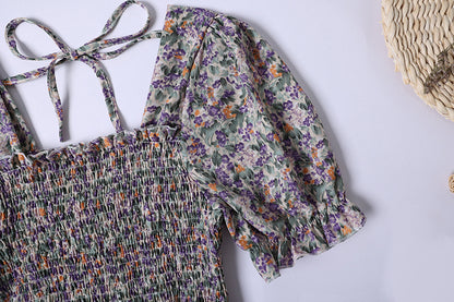 Summer Pleated Women Chiffon Dresses Casual Beach Holiday Short Sleeve Square Collar Woman Midi Dress Bohemian