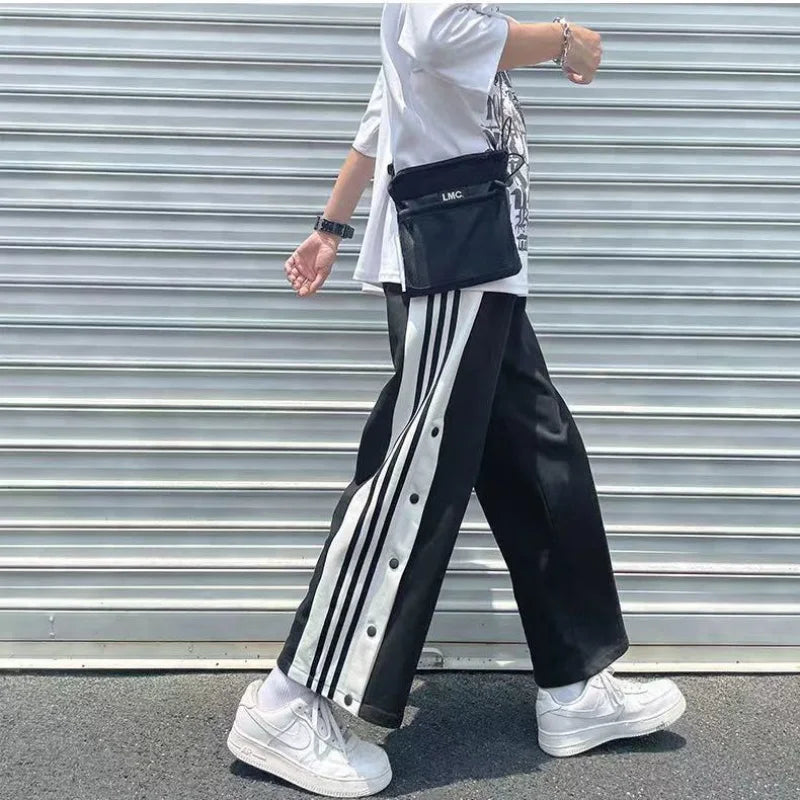 Row Button Pants Men's Loose All-Match Trendy Straight Pu Shuai Fried Street Special-Interest Design Senior American Stylohyoid