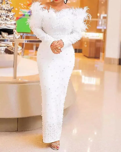 Luxury Feather Beading Party Dress For Women Sexy Off Shoulder Long Sleeve Elegant Bodycon Formal Event Evening Wedding Robes