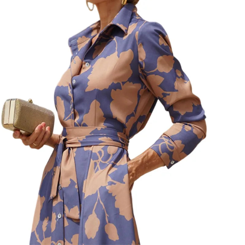 2025 Spring New Women's Fashion Style Printed Sexy Waist Strap Mid Length Single Breasted Long Sleeve Collar Dress