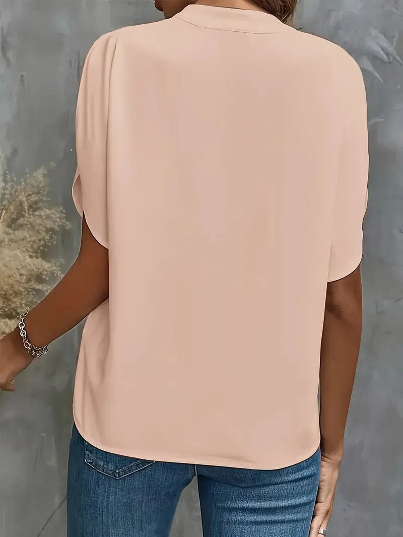 Summer Elegant Women's Blouse New V-neck Short Sleeve Solid Color Loose Shirt Casual White Tops Office Lady Blouse
