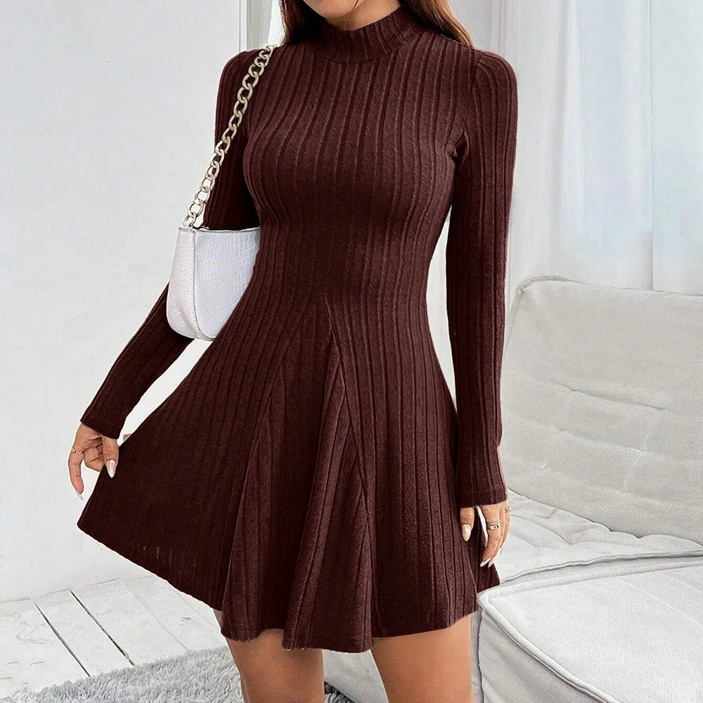 Mia Muse Women's Dress Fall Winter Simple Solid Color Long Sleeve Mock Neck A Line High Waisted Flare Hem Casual Short Dress