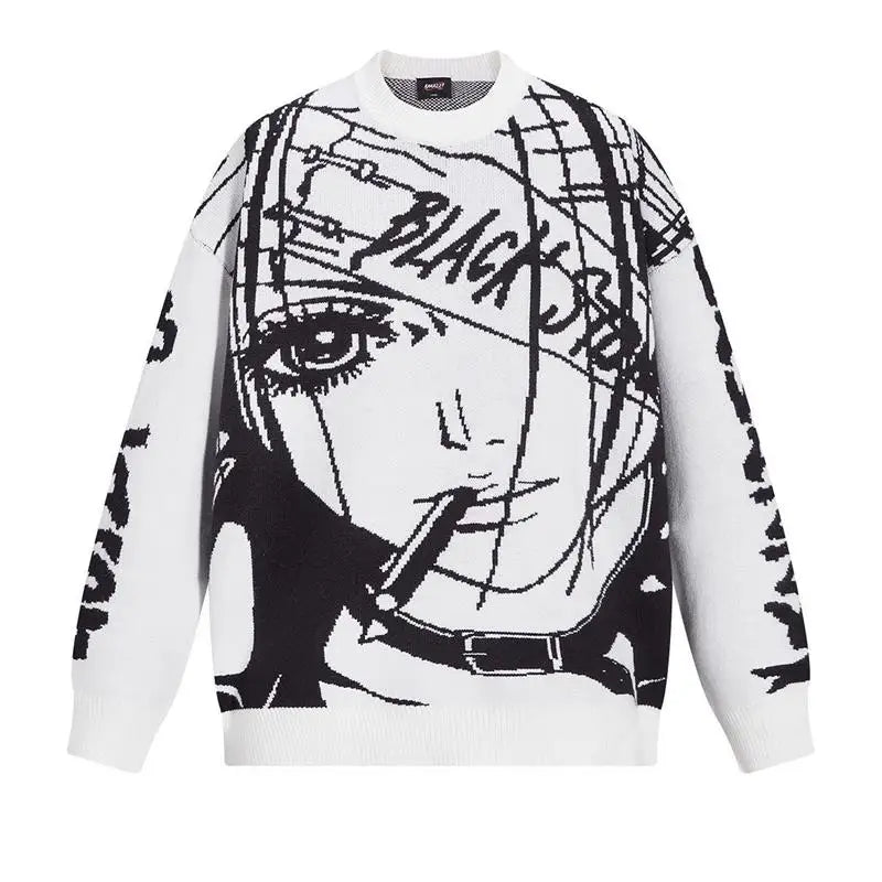Oversized Sweater Men Women Harajuku Anime Girl Graffiti Vintage Knitted Sweater 2025 Winter Unisex Cotton Pullover Streetwear