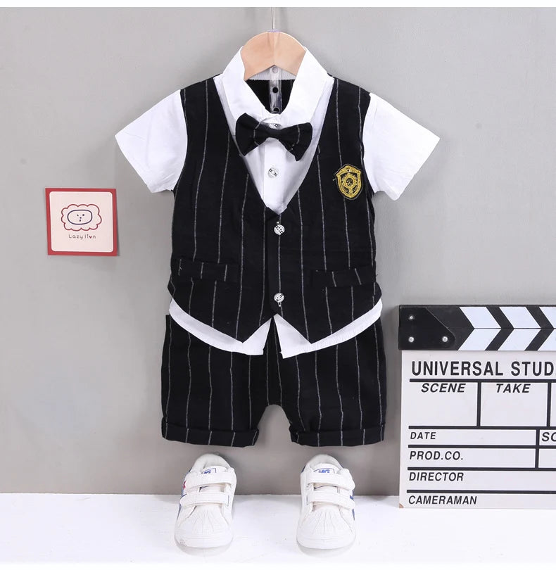 IENENS Baby Clothing Sets Boys Formal Dress Summer Shirt + Shorts Suits Kids Short Sleeve Outfits Toddler Birthday Party Clothes