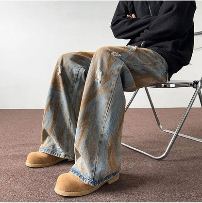 Men's trousers summer thin tie-dyed ripped jeans men's loose straight washed distressed high street American men's trousers