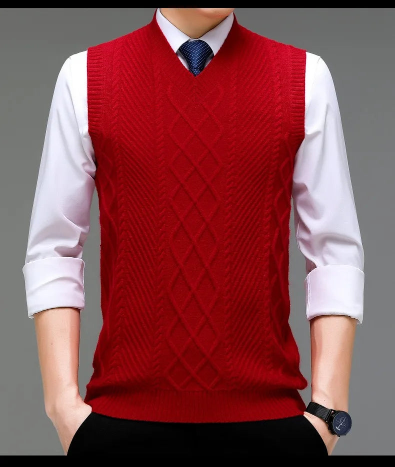 Stylish V-neck Jacquard Knit Sleeveless Sweater Vest for Men Middle-aged Men Fashion Solid Color Warm Top