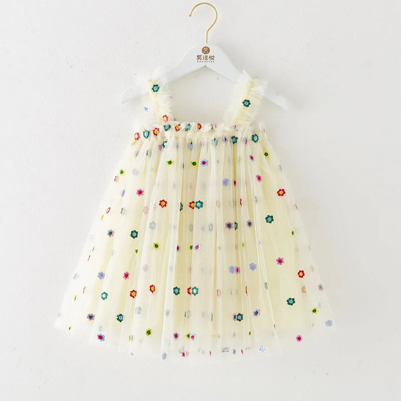 2025 New Baby Girl Clothes Multi Coloured Embroidered Floral Mesh Camisole Cute Baby Girl Dress Party Princess Fluffy Dresses
