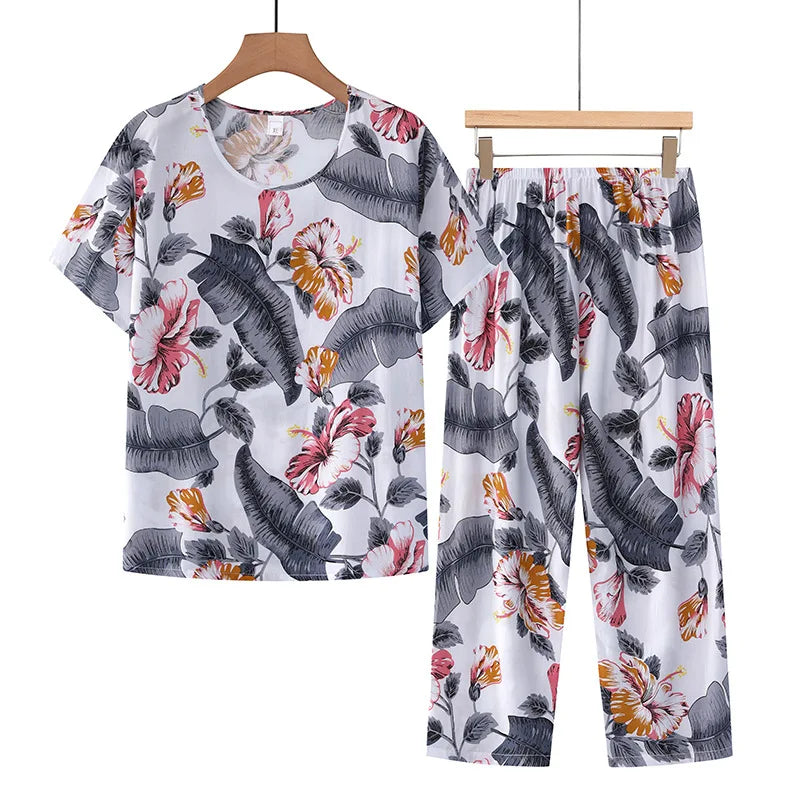 Korean Reviews Many Pajamas Set Summer Women 2 Piece Set Outfit Thin Grandma Pajama Sets Big Size Pajama Printing Home Wear