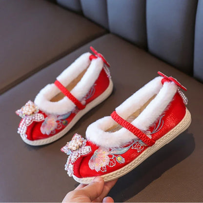 Kids Princess Embroidery Shoes Girls Winter Warm Cotton Shoes Traditional Chinese Style Children Hanfu Performance Flats Shoes