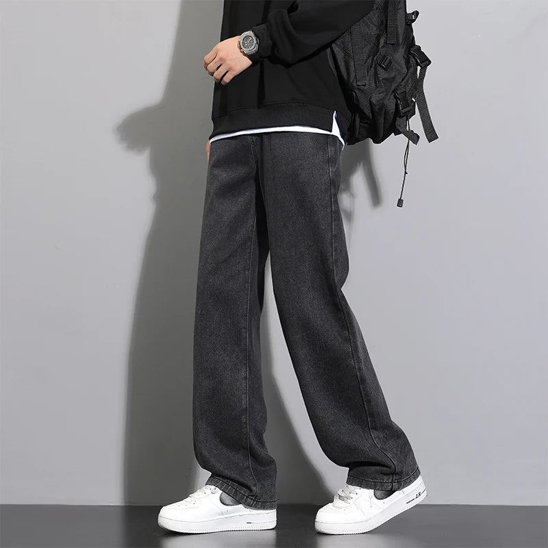 2026 New Korean Men's Casual Long Jeans Classic Man Straight Denim Wide-leg Pants Solid Color Light Blue Grey Black 3XL