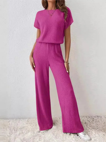 Women Spring Autumn New Collection Solid Color Fine Pit Strip Fashion Shoulder Short Sleeve Knitted Set Top Pants Two Piece Set