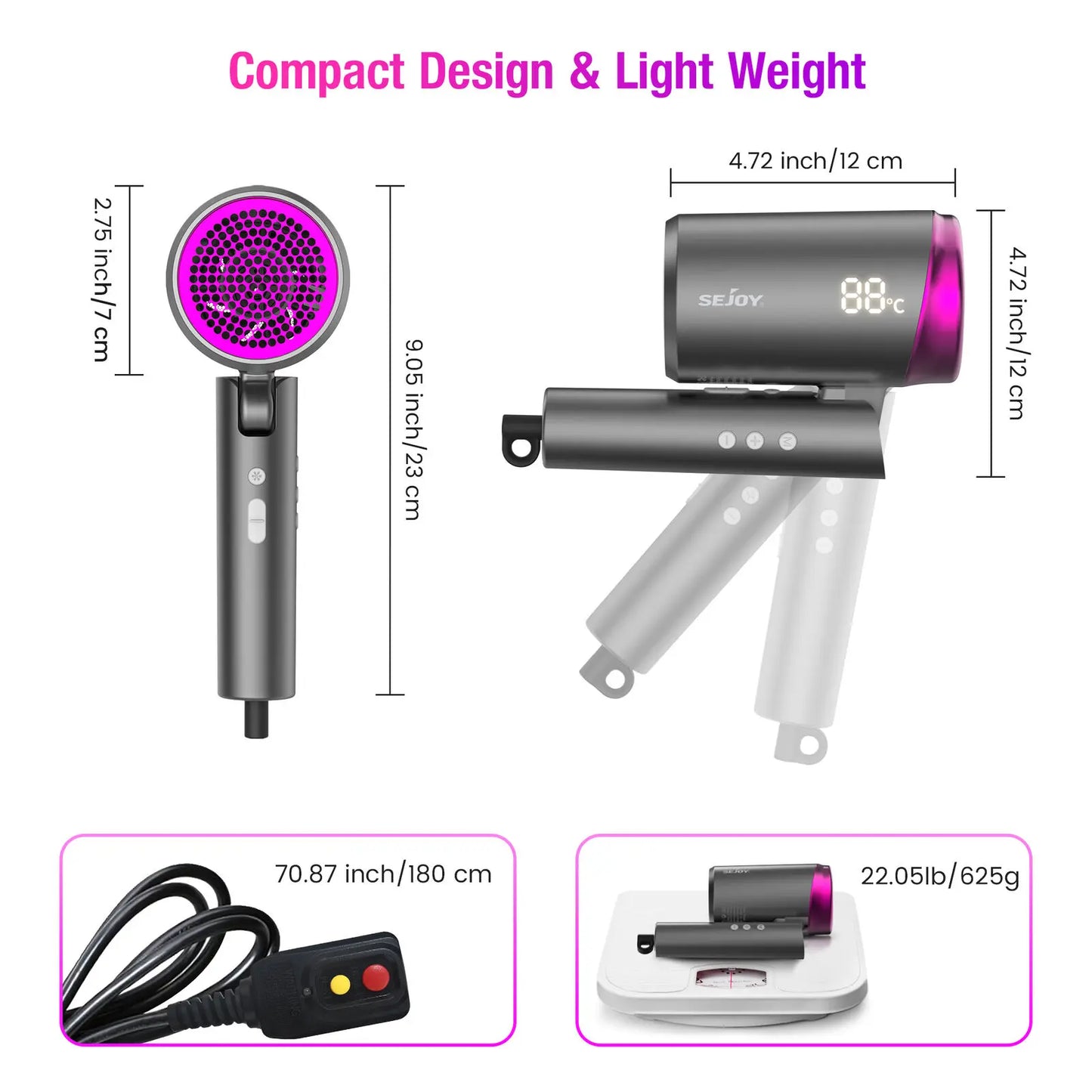 SEJOY Ionic Hair Dryers LED Display Anion Technology Portable Lightweight Blow Dryer Airflow Salon