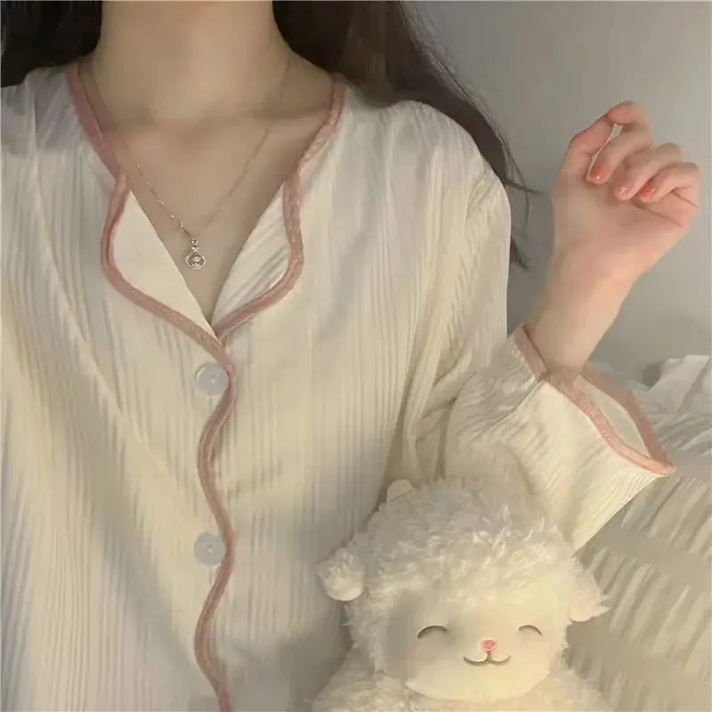 Spring and Autumn Long Sleeve Pants Pajamas Loungewear Set Women's Simple Pull Edge Loose Girl Student Loungewear Loose Suit