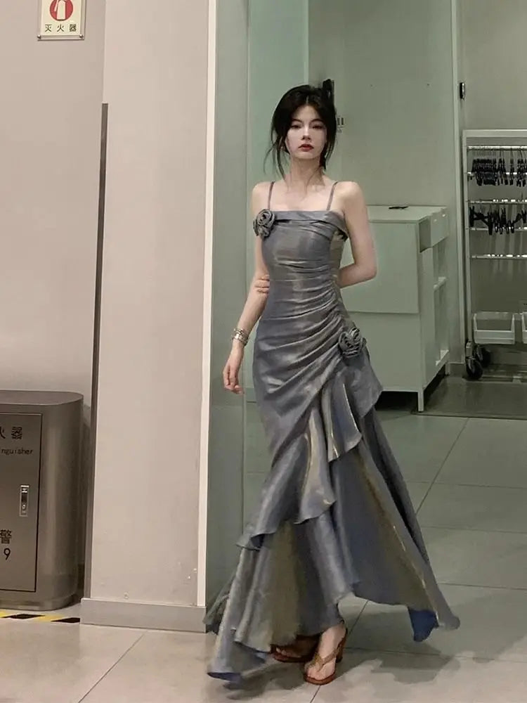 Korean Vintage Velvet Long Dress Women Luxury Slim Mermaid Spaghetti Strap Floral Dress Elegant Sexy Casual Evening Party Dress