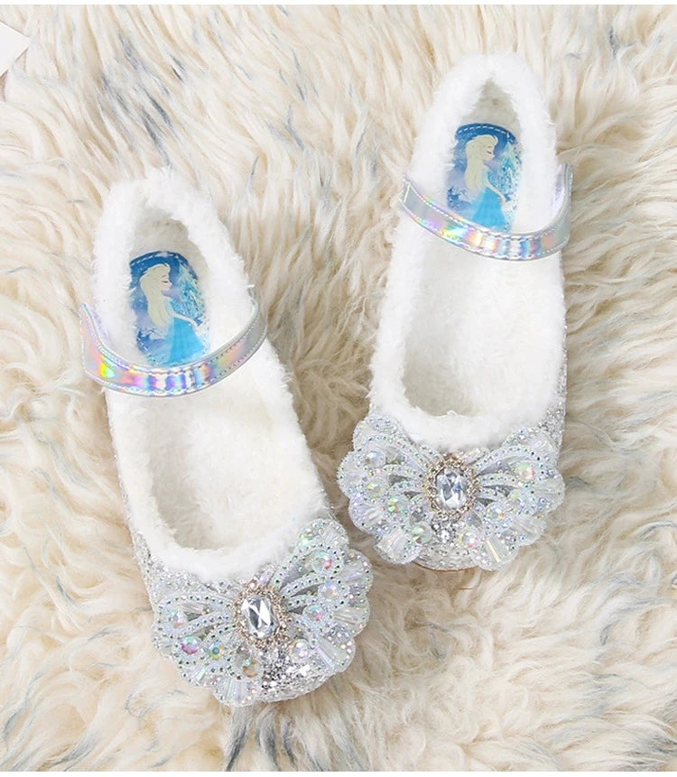 Disney Autumn Fashion Pearl Bow Rhinestone Frozen Elsa Princess Girl Shoes Flat Kids Princess Warm Winter Shoes Size 23-36