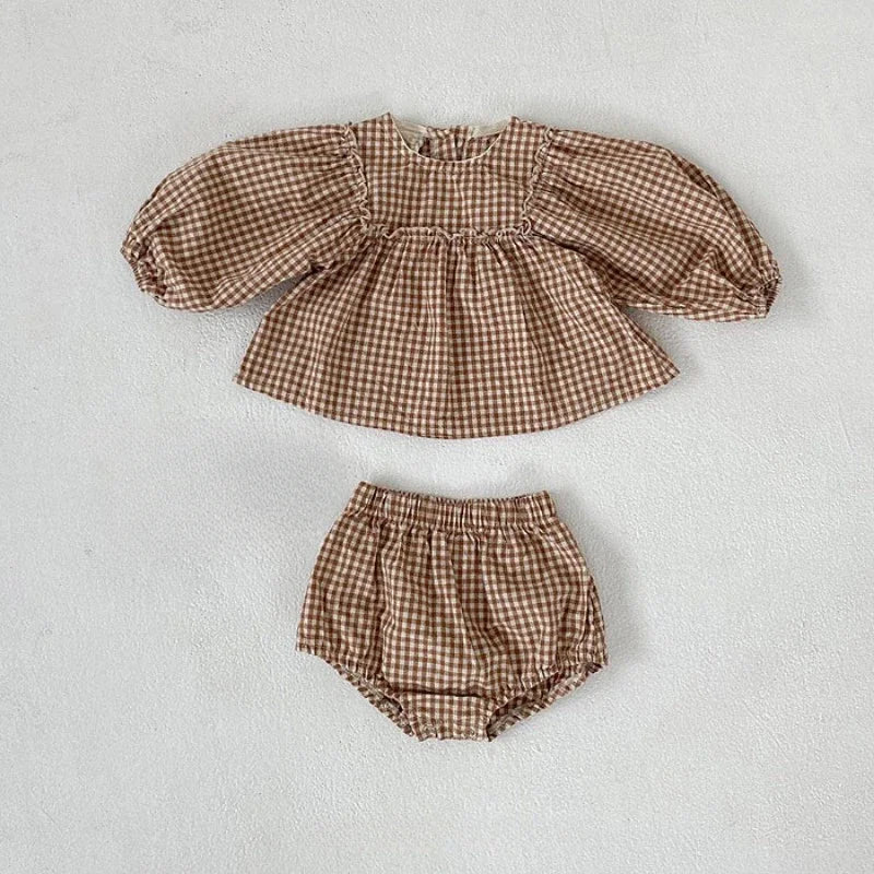 Infant Toddler Baby Girls Set 100% Cotton Plaid Blouse and PP Shorts Sets for Kids Infant Outfits
