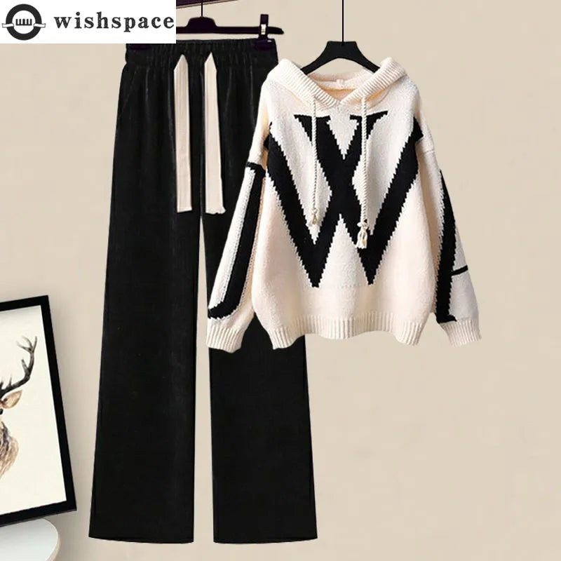 Autumn/Winter Women's Set 2026 New Korean Edition Casual Sweater Waist Cinching and Slimming Wide Leg Pants Two-piece Set