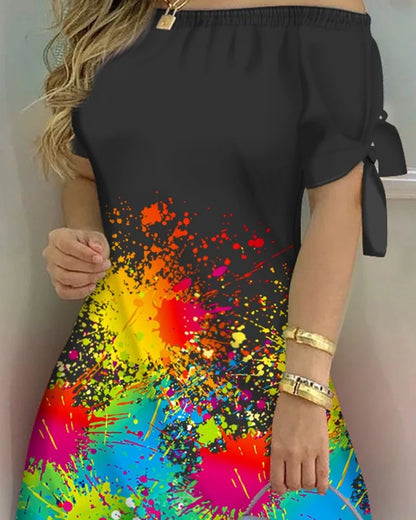 Fashionable Sexy Women's Print Dress Women's Word Shoulder Short -sleeved A -line Dress Ladies Off The Shoulder Mini Dresses