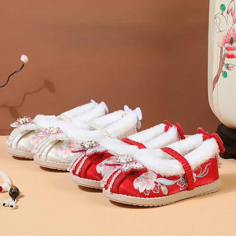 Kids Princess Embroidery Shoes Girls Winter Warm Cotton Shoes Traditional Chinese Style Children Hanfu Performance Flats Shoes
