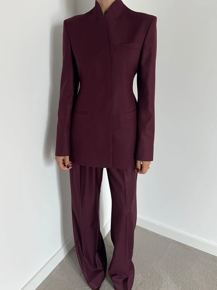 TWOTWINSTYLE Solid Two Piece Set For Women Stand Collar Long Sleeve Tops High Waist Spliced Button Long Pants Fashion Set Female