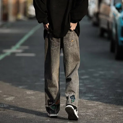 New Men's Y2K Flower Printed Baggy Jeans 2026 Streetwear American Casual Denim Wide-leg Pants Hombre Vintage Straight Trousers