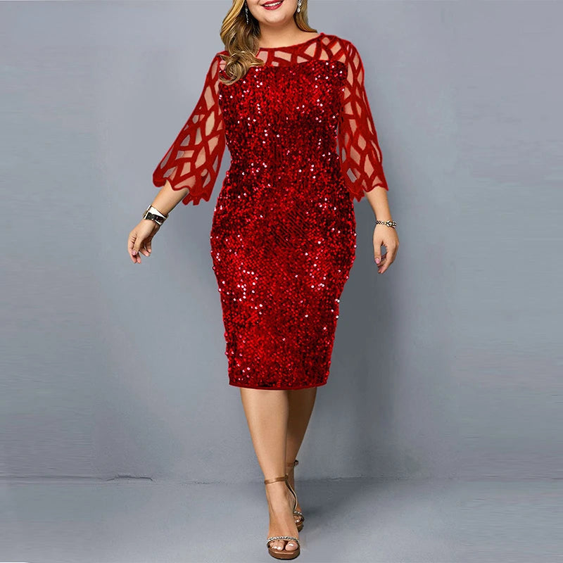 Elegant Sequin Plus Size 4XL 5XL Women Midi Dress Sexy Casual Evening Party Dress Gown Wedding Luxury Robe Rouge Vestidos