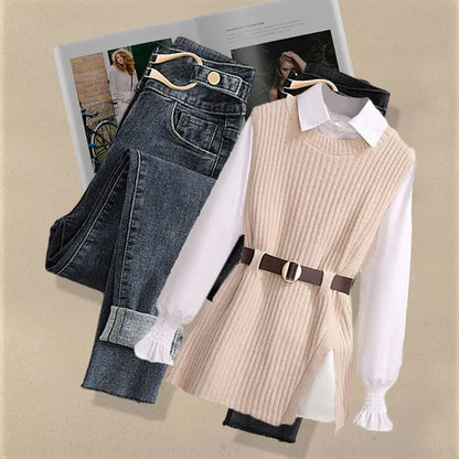 2026 Autumn Increased Size Korean Popular Chiffon Shirt Knitted Sweater Jeans Three Piece Elegant Women's Pants Set Tracksuit