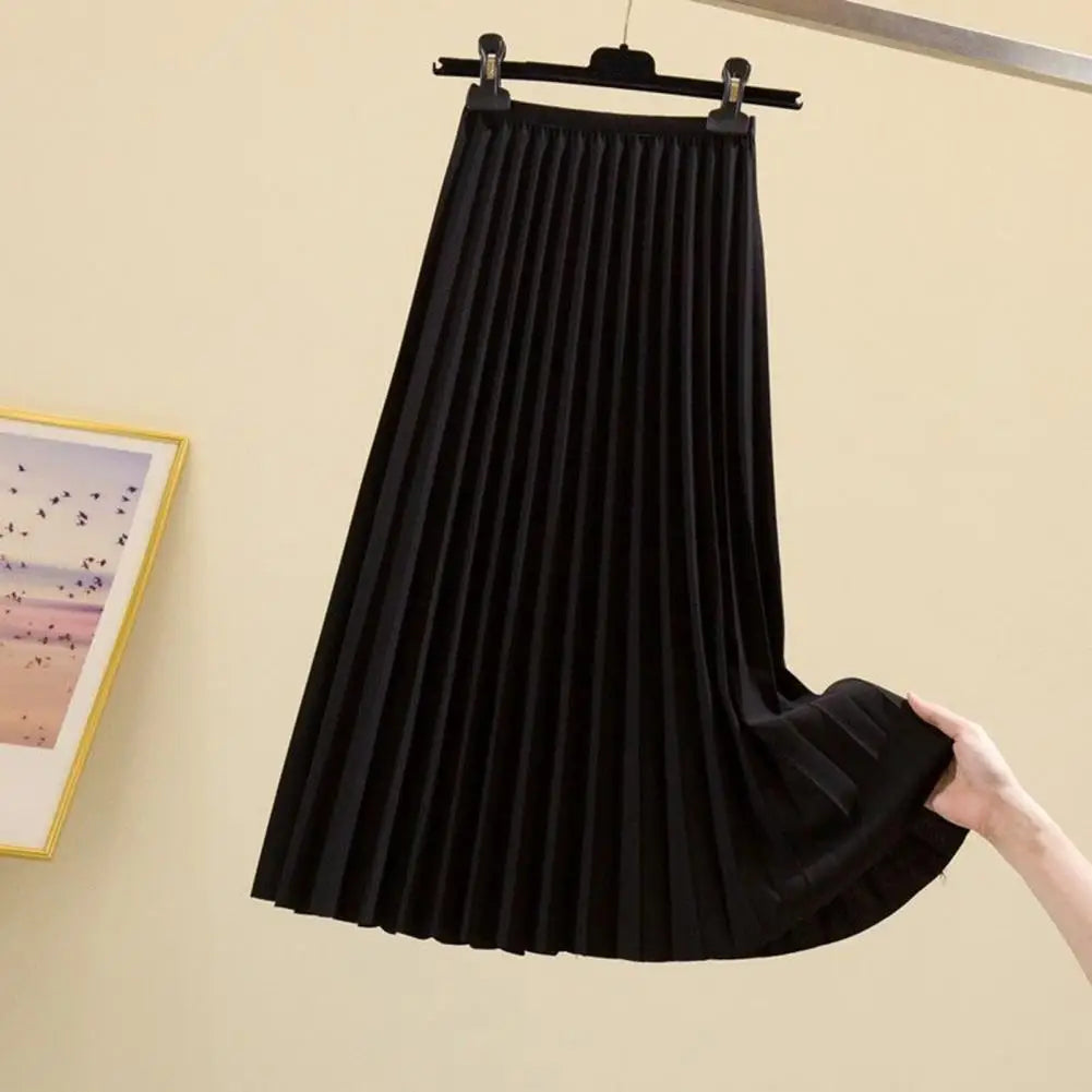 High Waist Pleated Skirt Elegant Women's Maxi Skirt with Elastic High Waist A-line Design Pleated Large Hem Solid Color for Work