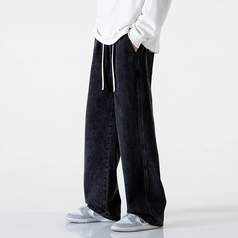 Spring Men Baggy Washed Jeans Drawstring Wide Leg Cargo Denim Pants Fashion Casual Trousers Male Designer Clothing Blue Black