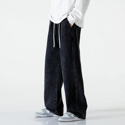 Spring Men Baggy Washed Jeans Drawstring Wide Leg Cargo Denim Pants Fashion Casual Trousers Male Designer Clothing Blue Black
